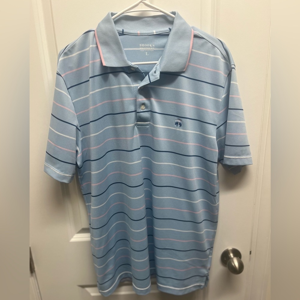 Brooks Brothers Striped Performance Polo Shirt - Light Blue/Pink - Size Large